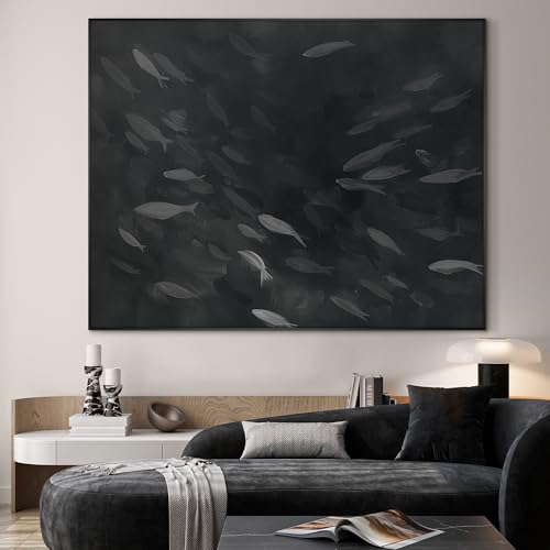 60"x72" Extra Large Framed Wall Art Monochrome Fish Silhouettes Illustration for Home Living Room Bedroom Decor