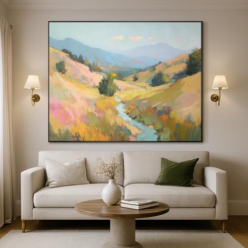 36"x46" Extra Large Framed Wall Art Golden Valley Light Landscape Illustration for Home Living Room Bedroom Decor