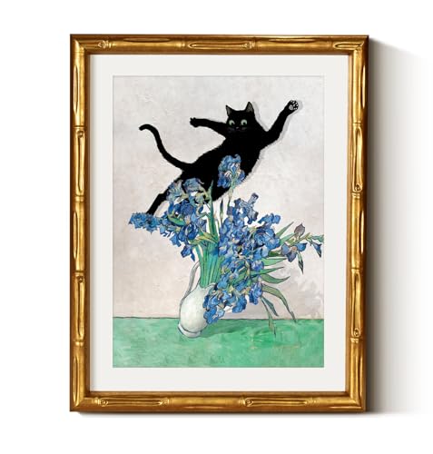 Gold Bamboo Framed Cat Wall Art Naughty Cat Painting 11x14 Inch
