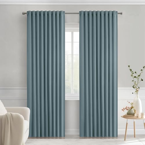 Greyish Blue Back Tab Blackout Curtains 52x90 Inch Long 2 Panels Set (2 Count)