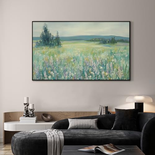 36"x60" Extra Large Framed Wall Art Wildflower Meadow Landscape Soft Pastel Nature Illustration for Home Living Room Bedroom Decor