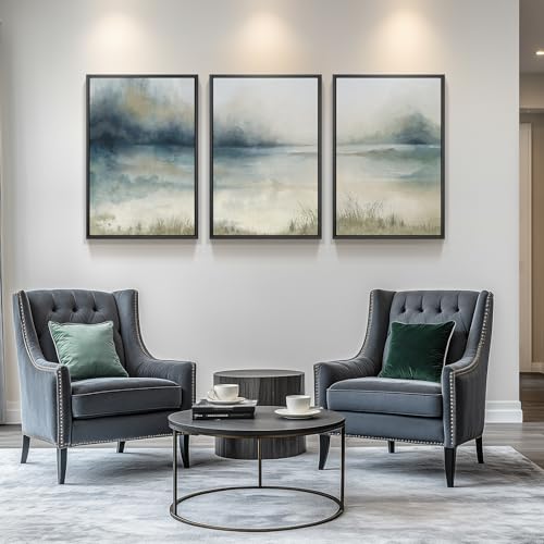 Large Framed Blue Nature Landscape Wall Art for Living Room (3 Count)