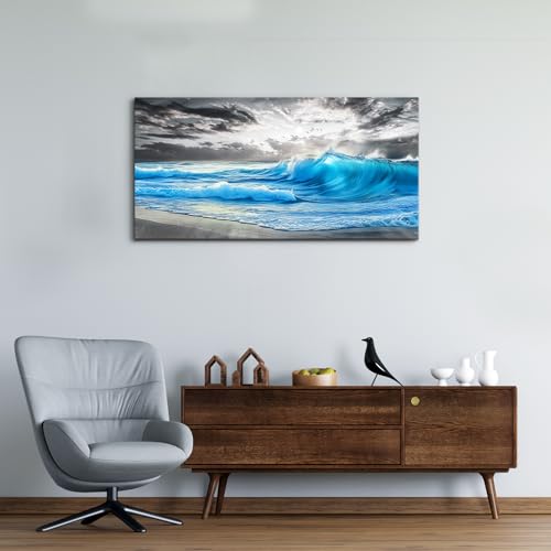 Beach Canvas Wall Art Blue Sea Wave Ocean Painting 20x40 In