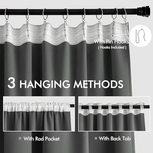 Grey Back Tab Blackout Curtains 52x120 Inch Long 2 Panels Set (2 Count)