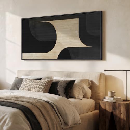Large Framed Black Beige Neutral Abstract Wall Art