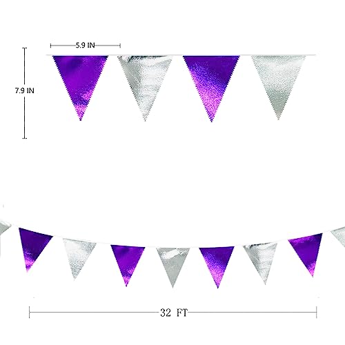 Purple and Silver Party Decorations Triangle Pennant Banner Flag Metallic Fabric Bunting Garland for Birthday Graduation Retirement Bachelorette Wedding Bridal Shower Engagement Disco Party Supplies (36 Count)