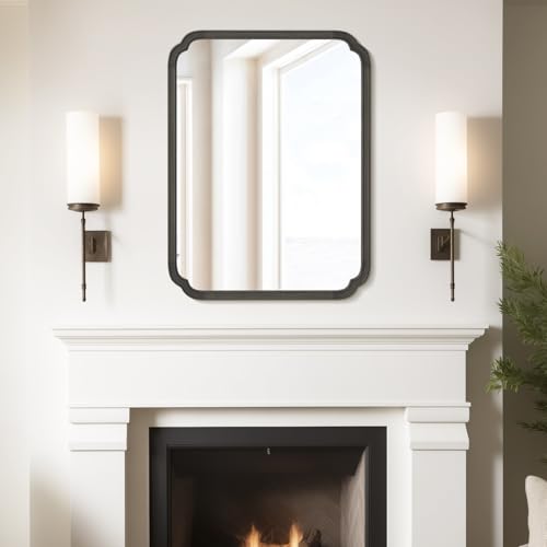 28" x 40" Rounded Corner Arch Wall Mirror with Wood Frame for Entryway