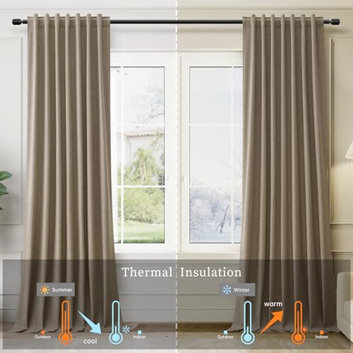 100% Blackout Linen Curtains for Bedroom 96 inches Long