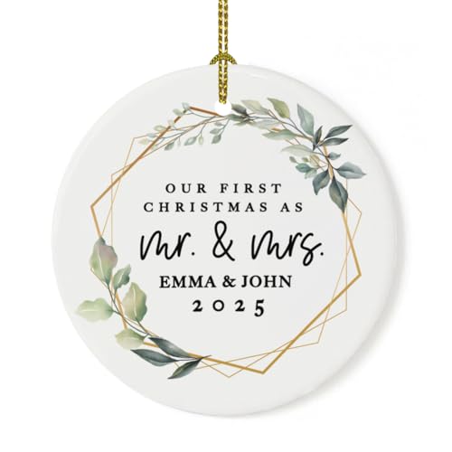 Personalized Our First Christmas As Mr. & Mrs. 2026 Christmas Ornaments Geometric Greenery 2.8" Round Porcelain Ceramic 1st Year Married Custom Ornament for Newlyweds Keepsake 1