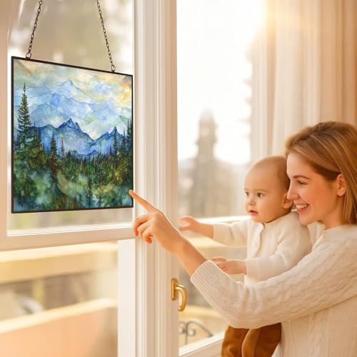 Customized Rectangle Moutain Landscape Stained Glass Window Hanging
