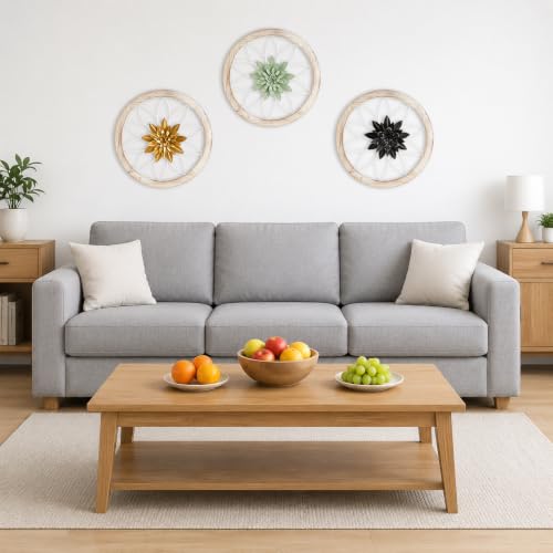 3 Piece Round Farmhouse Wall Decor with 6 Piece Interchangeable Flowers 15.75'' Medallion Wood & Metal Rustic Wall Art for Living Room Bedroom Kitchen Bathroom Dining Room Home Decorations