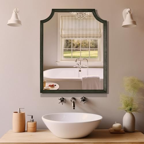 Scalloped Wood Mirror for Wall Decor 16x20 Inch Black Small Bathroom Vanity Rectangle Mirror for Hallway Bedroom Living Room