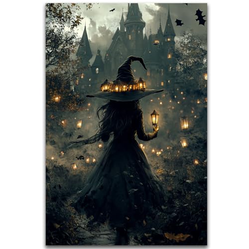 Halloween Witch and Haunted House Canvas Wall Art