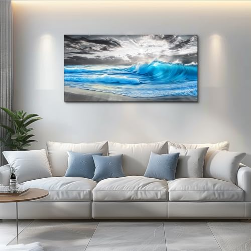 Beach Canvas Wall Art Blue Sea Wave Ocean Painting 20x40 In