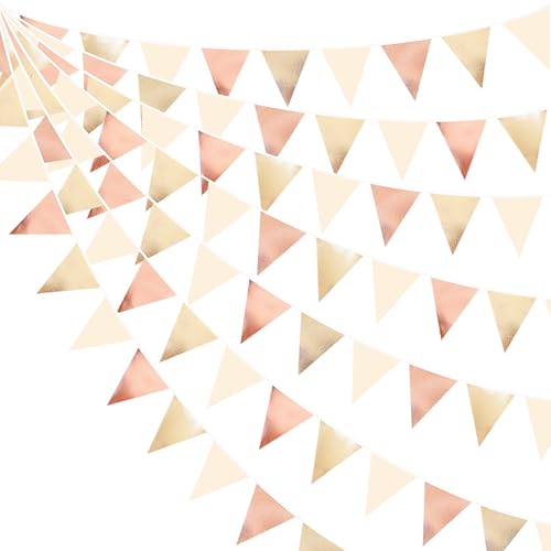 Rose Gold Champagne Gold Beige Party Decorations Metallic Fabric Triangle Flag Pennant Banner Garland Bunting for Engagement Bridal Shower Wedding Birthday Baby Shower Graduation Decoration Supplies (32 Foot)