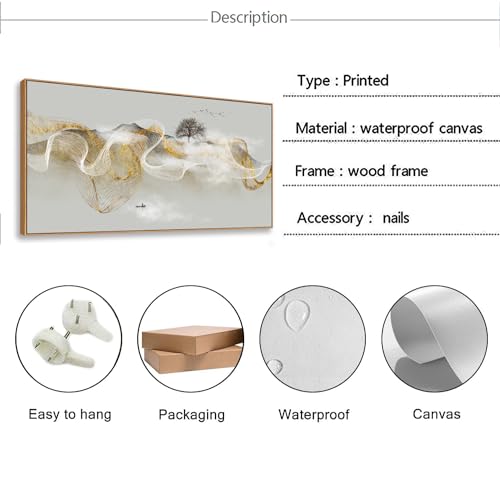 Wall Art Modern Zen Light Luxury Natural Landscape with Golden and White lines Background Wall Decor Canvas Prints for Living Room Bedroom 20x40 Inches