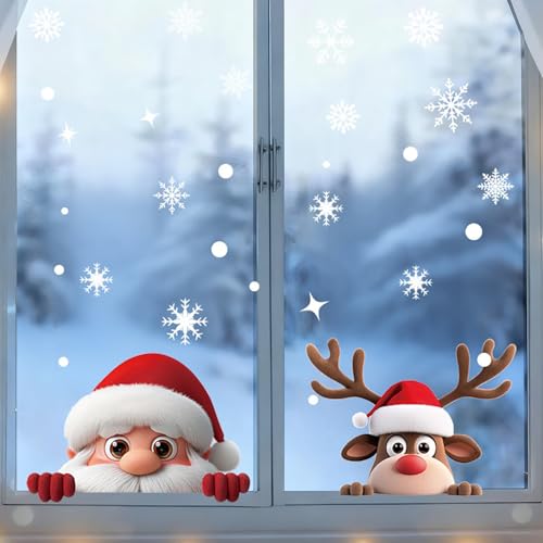 Christmas Window Clings for Glass 2 Sheet Santa Window Decals with Reindeer Designs Window Stickers Cute Windows Cling for Winter Party Supplies Home School Office Glass Decorations (2 Count)