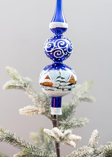 12 Inch Blue Gloss Spitz Glass Christmas Tree Topper Mouth Blown by Polish Artisans and Hand Decorated with Gold and Silver Embellishments Made in Poland