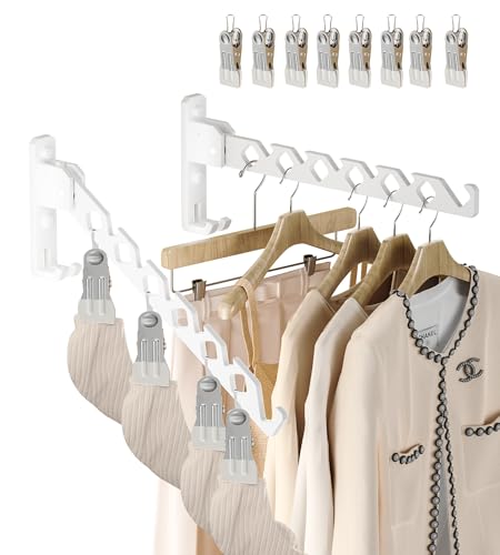 Wall Mount Coat Hanger Holder White Clothes Drying Organizer Rack Garment Hooks Aluminium Retractable Folding Indoor Wall Mounted Hanger Space Saver for Laundry Room Bedroom White 2 Pack with 8 Hooks (2 Count)