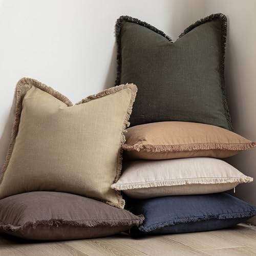 Decorative Linen Fringe Throw Pillow Covers 18×18 Light Khaki (2 Count)