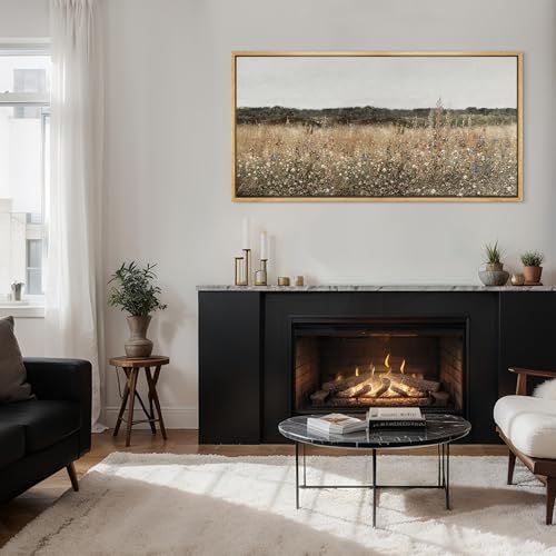 Extra Large Framed Canvas Print Wall Art Misty Morning Meadow with Wildflowers Antique Retro Fine Art Illustrations Decorative Colorful for Bedroom