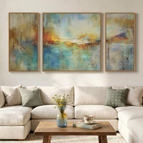 Extra Large Framed Blue Orange Abstract Wall Art for Living Room (3 Count)