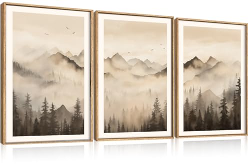 Neutral Misty Mountain Forest Framed Canvas Wall Art