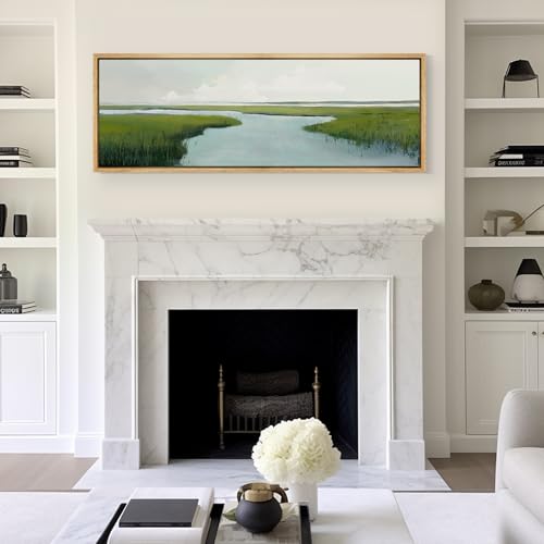 Large Framed Canvas Print Wall Art Serene Marshland Landscape Green and Blue Peaceful Illustrations Antique Retro Fine Art Illustrations Decorative Colorful for Bedroom