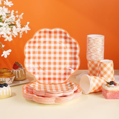 175 Pcs Orange Gingham Plates and Napkins Party Supplies (25 Count)