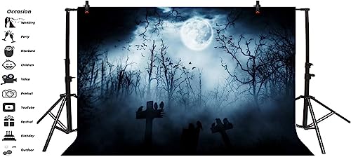 12x8ft Spooky Halloween Graveyard Backdrop Foggy Full Moon Horror Scene