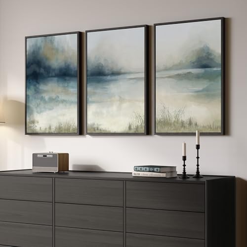 Large Framed Blue Abstract Landscape Wall Art (3 Count)