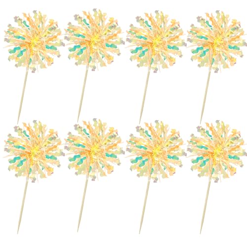 30Pcs Foil Firework Cupcake Toppers Sparkle Tinsel Drink Birthday Cake Decorations Cocktail Food Fruit Toothpick for New Years Wedding Birthday Party Decorations Yellow (30 Count)