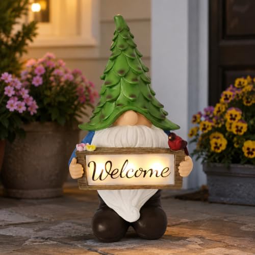 Solar Garden Gnome Statue with Welcome Sign