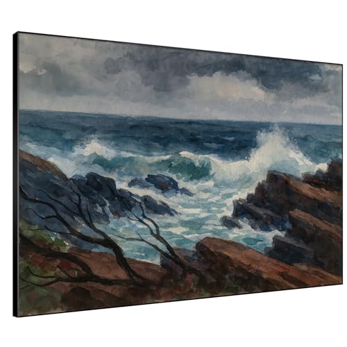36"x46" Extra Large Framed Wall Art Rocky Seashore with Crashing Waves and Moody Sky for Home Living Room Bedroom Decor