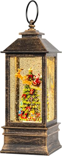 10.4" Christmas Snow Globe Flying Santa Around The Tree Water Lantern