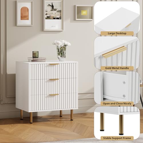 Fluted White 3 Drawer Dresser for Bedroom with Deep Drawers