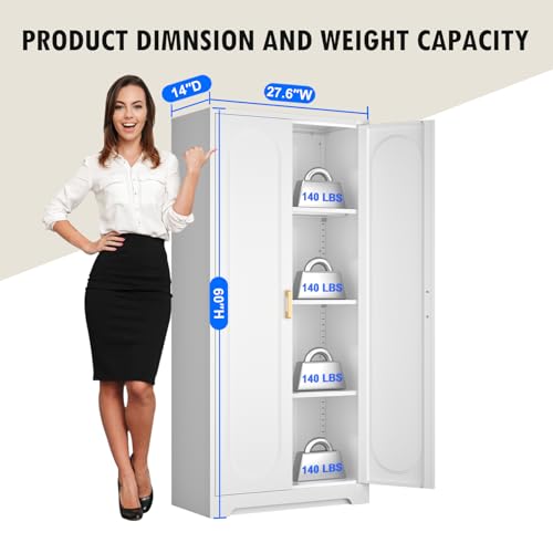 60" White Metal Kitchen Pantry Storage Cabinet with Doors and Shelves