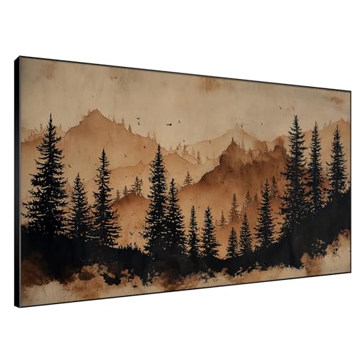 46"x72" Extra Large Framed Wall Art Rustic Mountain Pine Forest Silhouette in Warm Earth Tones for Home Living Room Bedroom Decor