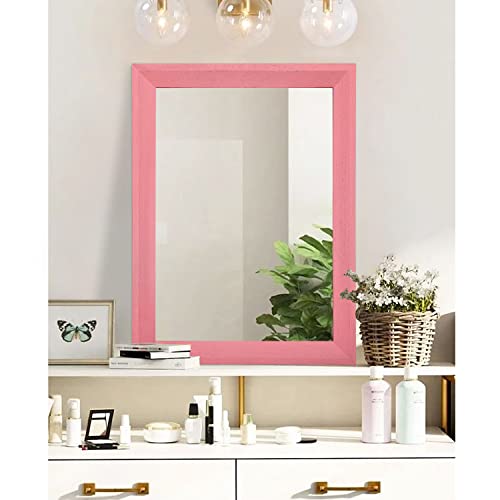 Rectangle Mirror with Wood Frame Modern Farmhouse Wall Mirrors Decor Large 28"x20" for Bedroom Bathroom Living Room Pink