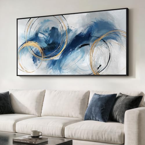 Large Framed Navy Blue Abstract Wall Art for Living Room