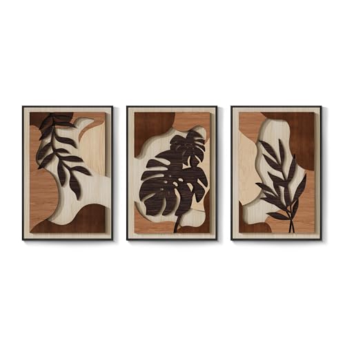 Framed Wood 3D Boho Tropical Botanical Wall Decor Art Bedroom (3 Count)