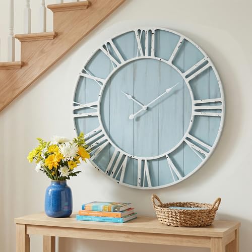 Large Farmhouse Wall Clock 30 Inch Vintage Blue Wooden Wall Clock with Quiet Ticking and Minimalist Roman Numerals for Bedroom Living Room Office Kitchen Home Decor