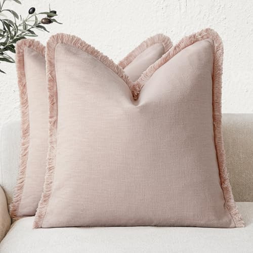 Decorative Linen Fringe Throw Pillow Covers 18×18 Light Pink (2 Count)