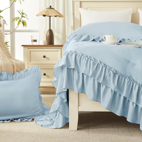 Light Blue Ruffle Comforter Set Queen Size