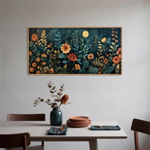 Moody Blue Floral Botanical Framed Canvas Wall Art Set