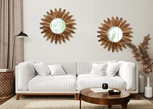 2 Pack 22 Inch Boho Wall Sunburst Mirror Rustic Round Wood Decorative Mirror Boho Wall Art Decor for Entryway Bedroom Living Room (2 Count)