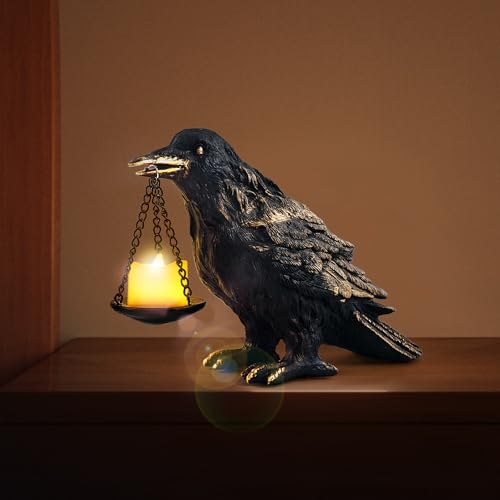 Gothic Crow Lamp with Tealight Candle Holder Resin Raven Decor Statue Gothic Home Decor for Bedroom Unique Goth Gifts Wearing Gold