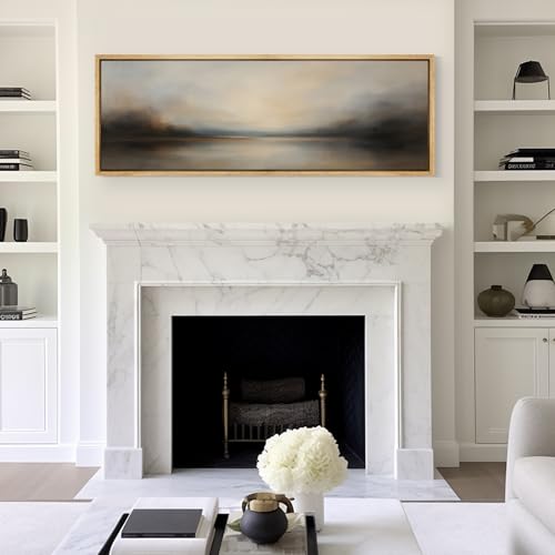 Large Framed Canvas Print Wall Art Abstract Landscape Neutral Tones Misty Horizon Illustrations Decorative Colorful for Bedroom