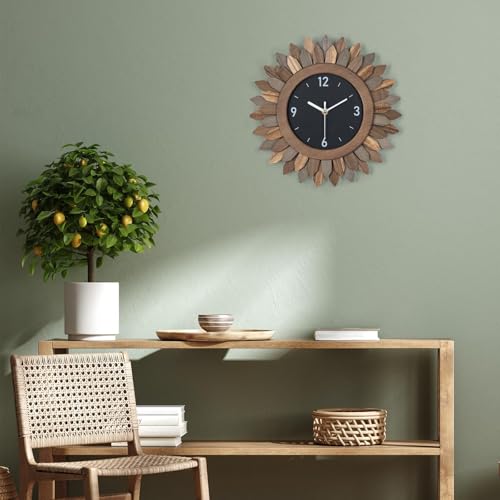 Wall Clock Battery Operated 12 in Rustic Wood Boho Sunburst Decorative Wall Clock Silent Non Ticking Farmhouse Small Wall Clocks for Living Room Kitchen Bathroom Bedroom Decor
