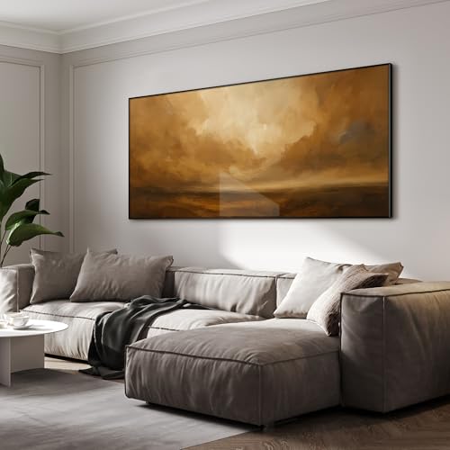 36"x72" Extra Large Framed Wall Art Golden Horizon Abstract Landscape Warm Brown and Amber Sky Illustration for Home Living Room Bedroom Decor